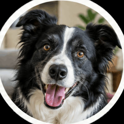 Maya, border collie preta e branca, na sala de casa