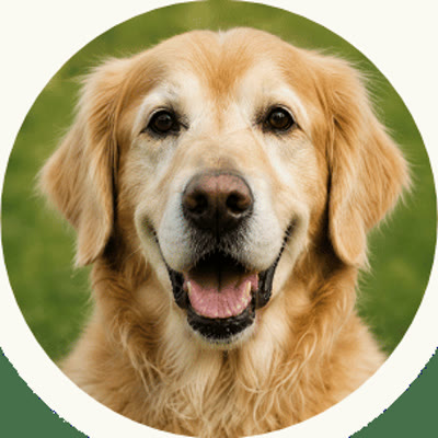 Daisy, golden retriever sênior, olhando para a câmera no quintal