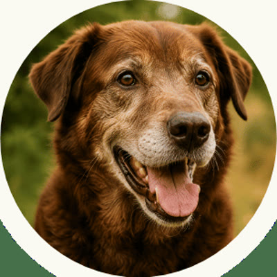 Milo, cão sênior de pelo castanho, de boca aberta ao ar livre